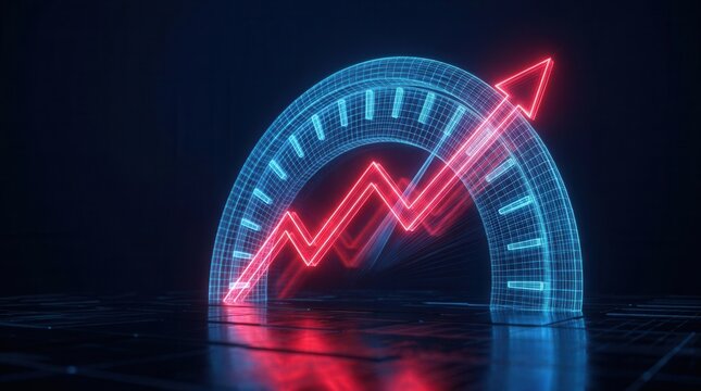 Technology concept showing a digital speedometer with a red rising trend graph symbolizing growth.