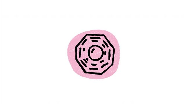 An animated hand-drawn octagonal Bagua mirror protector with trigram symbols. Great for feng shui warding off bad luck, home protection, oriental balance, and traditional Chinese beliefs. 