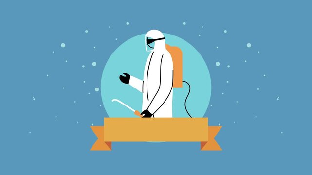 Biosafety worker wearing protective suit and disinfectant sprayer animation with copy space ribbon.