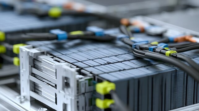 Close up of a solid state battery cell stack with organized wiring and metallic components in a clean energy setup
