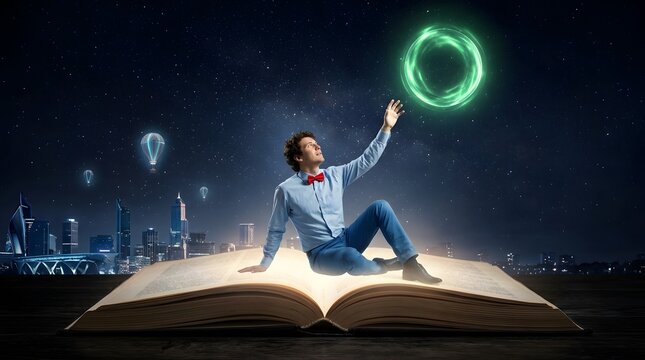 Man Reading on an Open Book with Glowing Light Bulb Symbol at Night