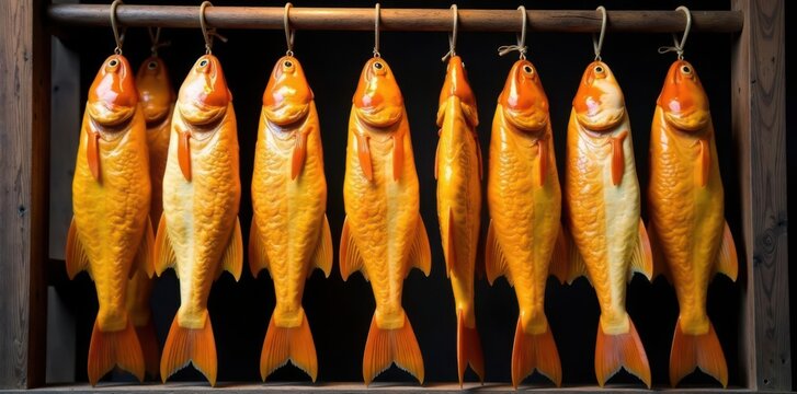 Golden salted cod hanging from weathered wooden racks , atlantic, sea, salty