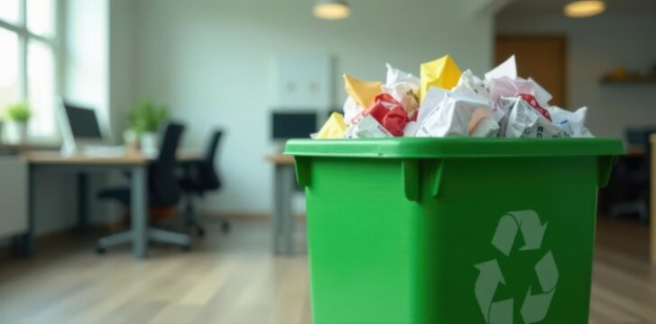 Green recycling bin overflowing with paper and plastic, contemporary office, over capacity, garbage