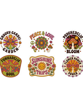 Set of retro psychedelic groovy badges with hippie flower power mushroom and peace symbols.