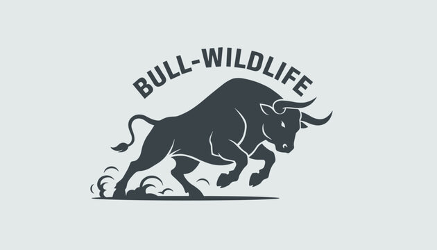 Powerful black charging bull silhouette logo with dust kicking up and custom bull wildlife typography above.
