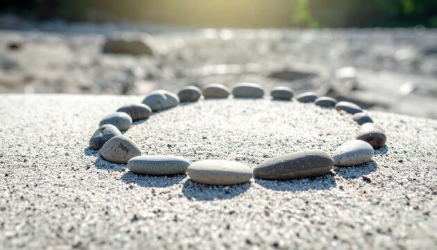 Smooth River Stones Arranged in a Perfect Circle on Sandy Ground Under Sunlight