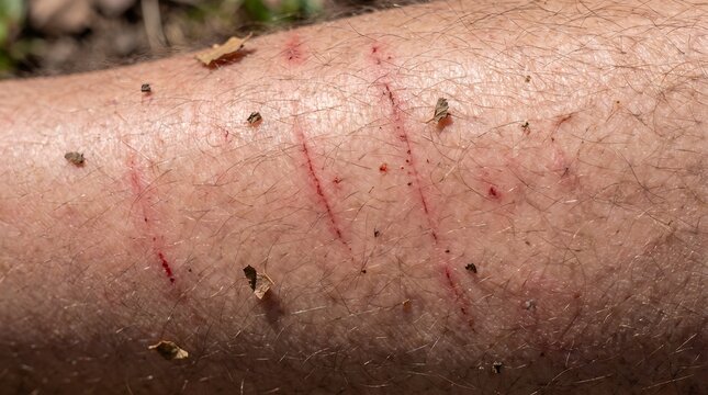 Close up view of skin scratches and red marks on human arm detailing surface injuries and texture