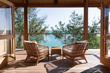Naklejka premium The Seaside Veranda with Wicker Chairs Overlooking Ocean and Forest