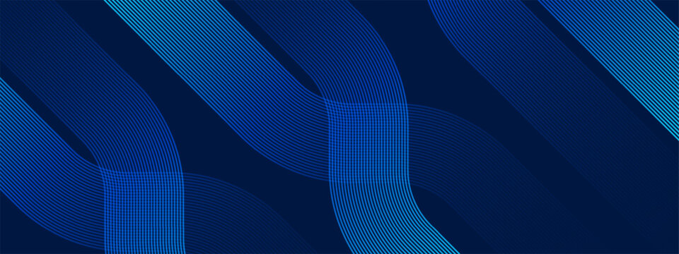 Blue wavy line abstract geometric pattern background for technology and digital communication concept. Dark navy curved stripe layout for website banner. Vector illustration.