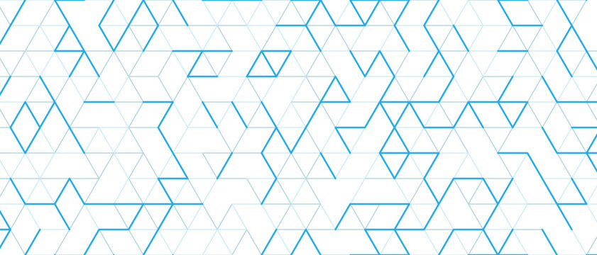 Blue geometric isometric grid pattern. Minimalist white line backdrop. Modern tech connectivity concept. Abstract linear polygon mesh. Vector illustration