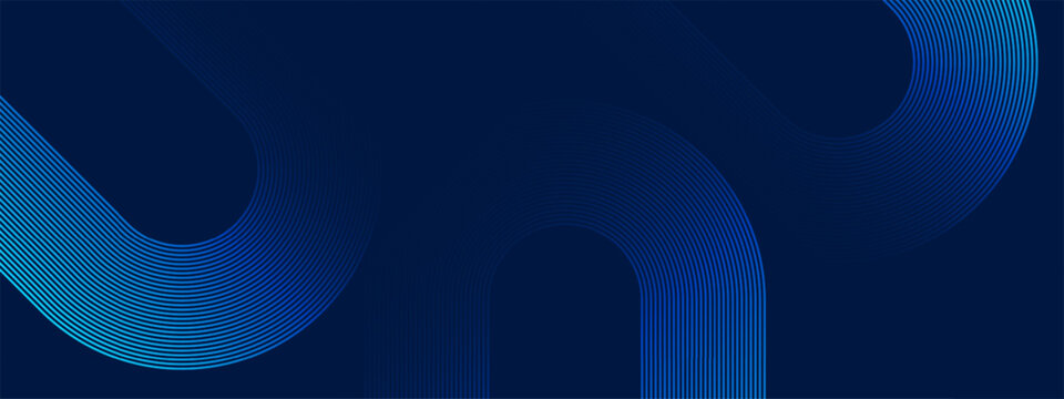 Blue curved line abstract geometric pattern with glowing neon effect on dark background for corporate identity and landing page header design. Vector illustration.