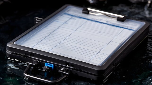 A waterproof clipboard with a grid lined logbook sheet  resting on a dark reflective surface  showing technical markings and a blue clip