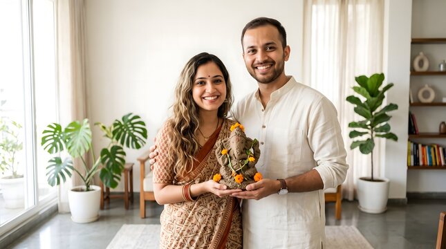 Happy Indian Couple with Ganesha Idol Celebrating Ganesh Chaturthi Festival