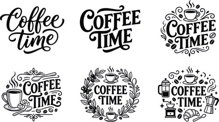 Naklejka premium Coffee Time calligraphy set with hand drawn typography quotes, artistic cafe labels, coffee themed elements and decorative designs for cafe and restaurant branding Vector, illustration