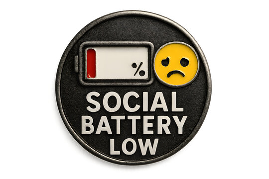 Social Battery Low Square 3D Badge with Sad Face Icon