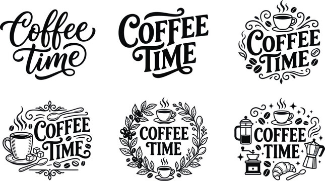 Coffee Time calligraphy set with hand drawn typography quotes, artistic cafe labels, coffee themed elements and decorative designs for cafe and restaurant branding Vector, illustration