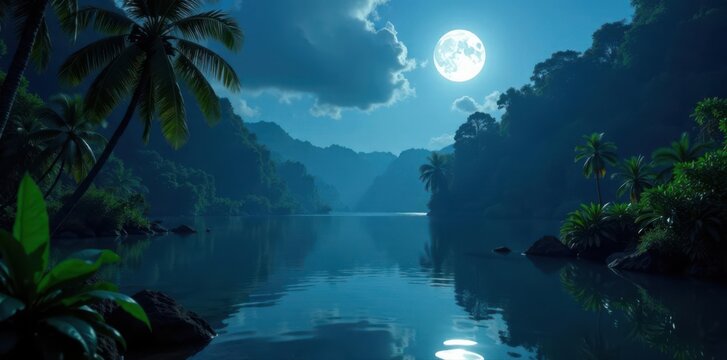 Silver moonlight illuminates a tranquil jungle river, reflecting on calm waters , night, peaceful, tropical