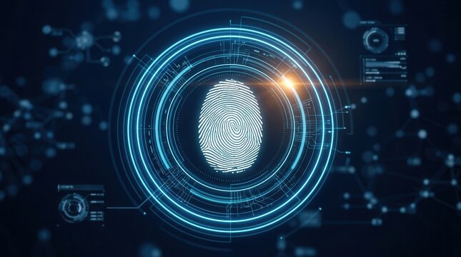 A high tech interface featuring a digital fingerprint for futuristic biometric security and data protection.