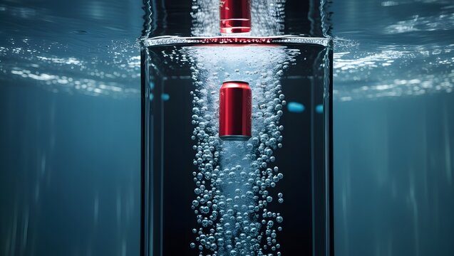 Underwater Red Beverage Can Descending Through Glass Tank with Bubbles
