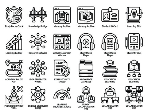 Collection of education icons representing learning studies and academic concepts