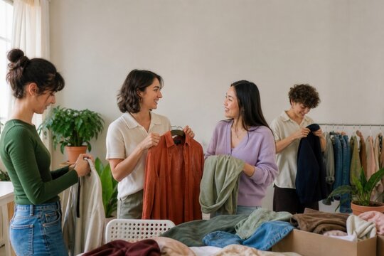 Friends hosting a sustainable clothing swap at home
