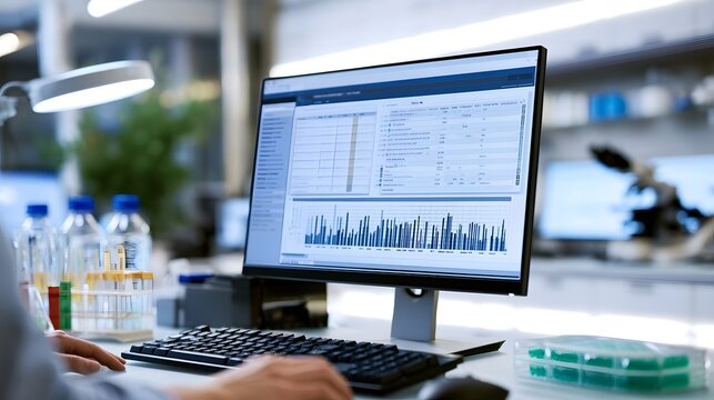 Scientist analyzes data on computer screen in modern laboratory setting with test tubes and equipment visible