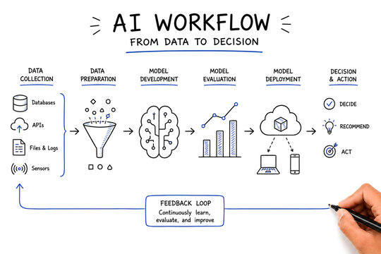 AI workflow diagram showing data collection, preparation, model development, evaluation, deployment and decision making, with machine learning feedback loop, automation and analytics concept