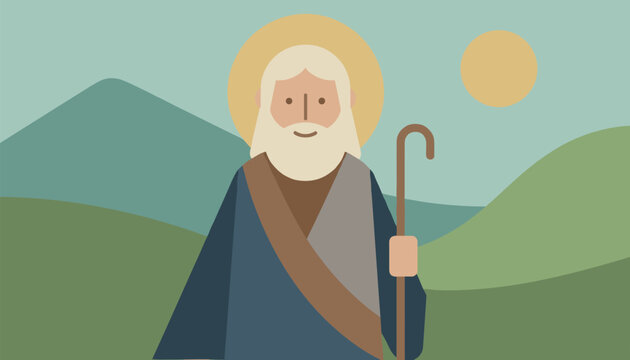 Flat design illustration of a biblical character shepherd with a staff walking in green rolling hills.
