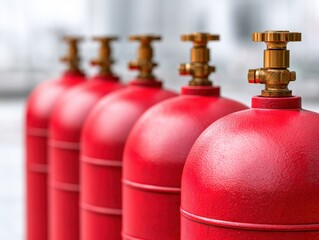 Fototapeta premium Red metal tanks. Industrial LPG gas cylinders in a row. Cylinder, high pressure gauges, meter, valve. Many argon cylinders for industry, welding. Fuel manufacturing. Liquefied gas production, factory