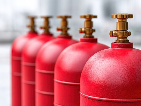 Red metal tanks. Industrial LPG gas cylinders in a row. Cylinder, high pressure gauges, meter, valve. Many argon cylinders for industry, welding. Fuel manufacturing. Liquefied gas production, factory