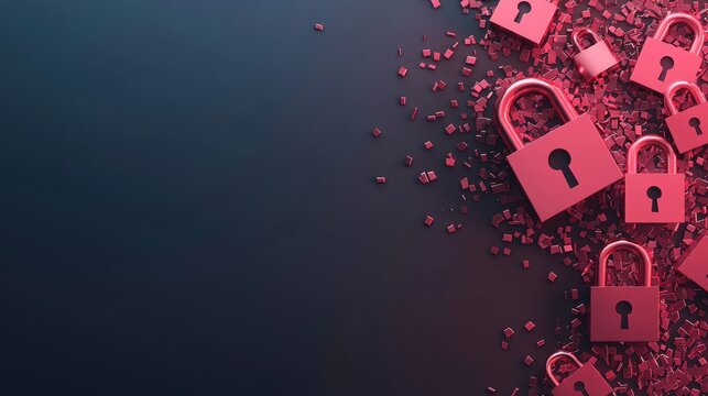 security risk threat Abstract image of broken padlock symbols scattered across a screen, signifying compromised security.
