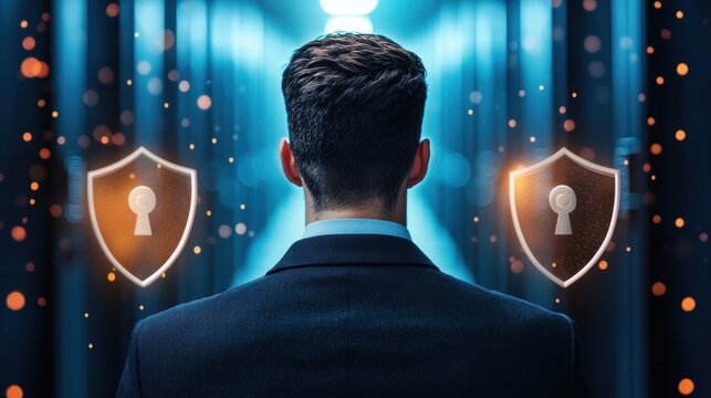 security risk protection Cybersecurity expert working on a secure server, surrounded by digital shields representing protective measures.