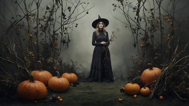 Mystical witch character in Halloween pumpkin patch