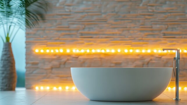 Spa bathroom Bathtub Elegant bathtub in a spacious spa inspired bathroom with natural stone walls and soft, warm lighting for ultimate relaxation.