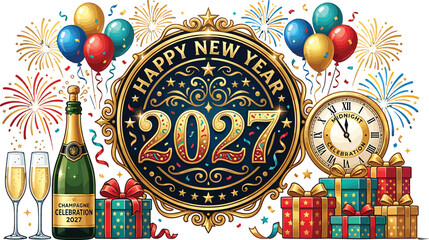 Fototapeta premium Happy New Year 2027 greeting card with champagne bottle glasses clock and colorful gift boxes vector illustration