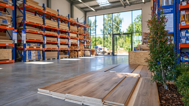 Wide panoramic view of a newly designed British builders' supply showroom before opening, immaculate high ceiling interior, perfectly organised racks of timber, MDF, plywood and construction hardwar