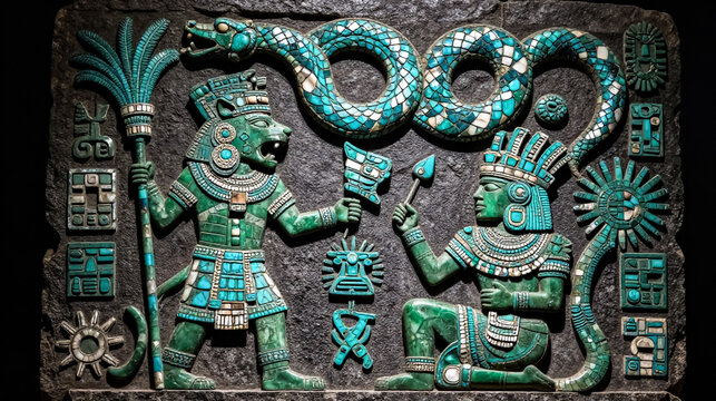 Ancient Aztec stone relief with turquoise mosaic, Mayan warrior and feathered serpent carving, pre-Columbian artifact art