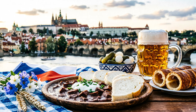 Traditional Czech goulash with bread dumplings and beer, scenic Prague cityscape background, authentic European cuisine and travel concept
