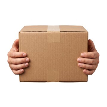 Hands holding sealed cardboard shipping box with tape, ready for delivery or moving