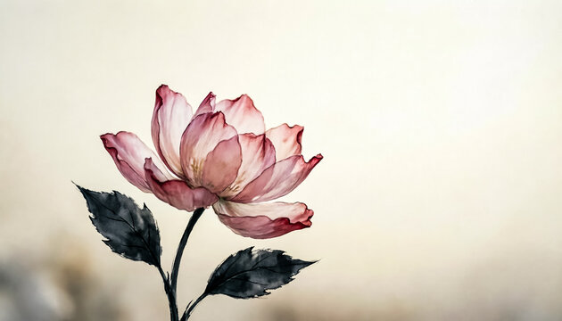 Vintage watercolor flower illustration, elegant pink blossom with dark leaves, soft botanical art for greeting cards and decor