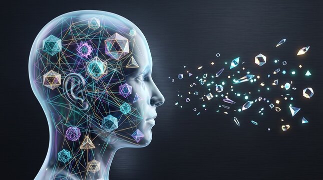Human head profile with floating geometric crystal shapes