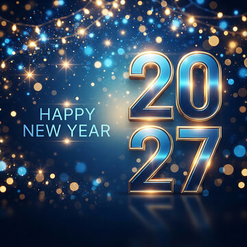 Happy New Year 2027 celebration with gold and blue lights