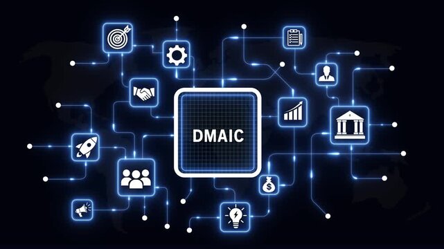 Dmaic methodology concept with glowing digital network and interconnected business process flowcharts for six sigma management, lean manufacturing, and continuous improvement strategy visualization