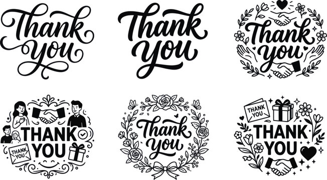 Set of six black and white thank you calligraphy hand lettering designs with floral wreaths and decorative elements Vector, illustration