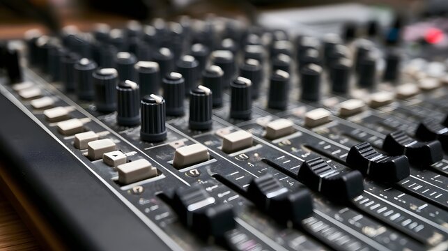 Close up of professional audio mixing console with faders and knobs for sound engineering and music production