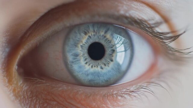 Extreme macro footage of a single beautiful human eye, bright arctic-blue iris with pale icy tones for National Hispanic Heritage Month