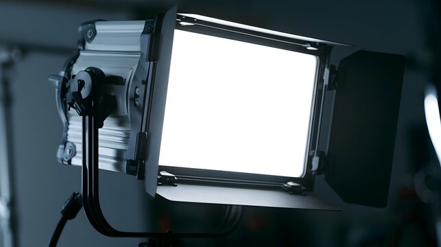 Studio lighting panel with barn doors and adjustable fixtures emitting bright diffused light in a professional photography setup