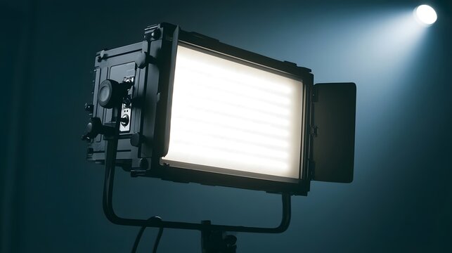 Professional studio lighting equipment with diffused panel and adjustable barn doors against dark background