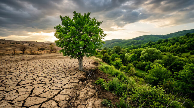 Single green tree standing between cracked dry soil and lush forest