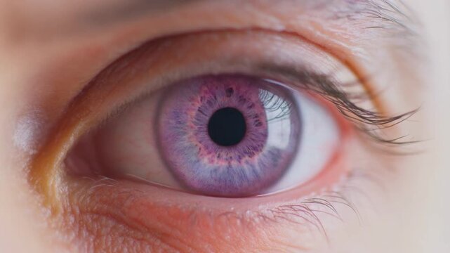 Extreme macro footage of a single beautiful human eye, vivid orchid-purple iris with subtle patterns for National Hispanic Heritage Month